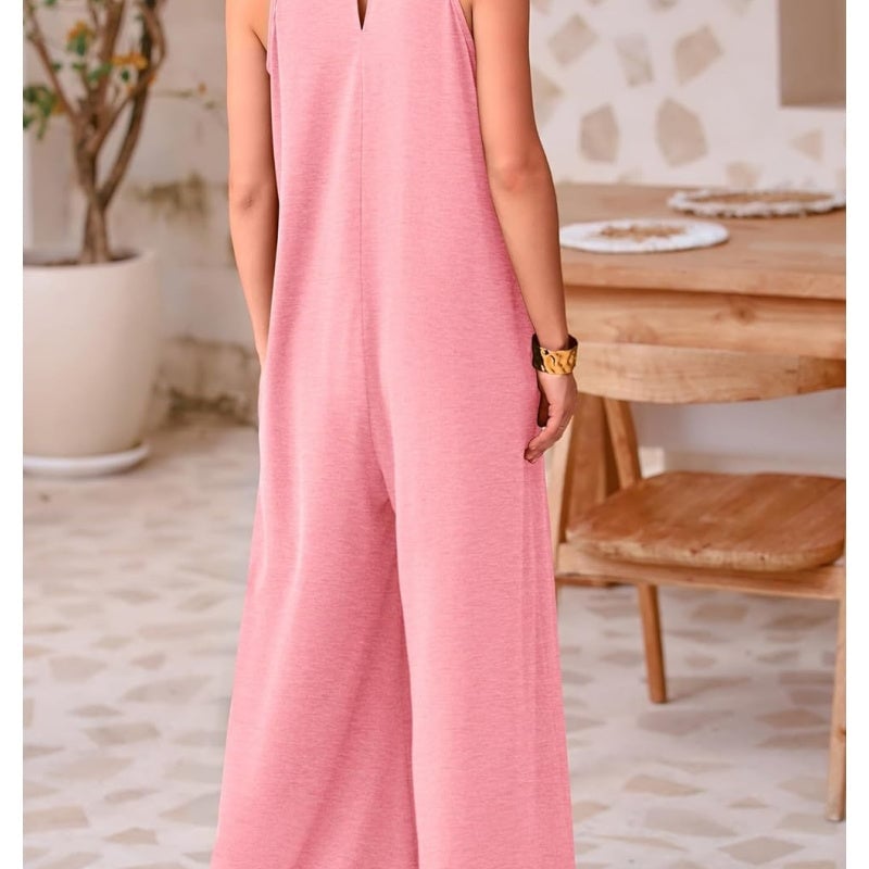 Women's Casual Summer Overall Jumpsuits Sleeveless Tank V Neck Wide Leg Loose One Piece Romper
